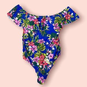 Kona Sol One Piece Off-Shoulder Flounce Blue Tropical Swimsuit 24W